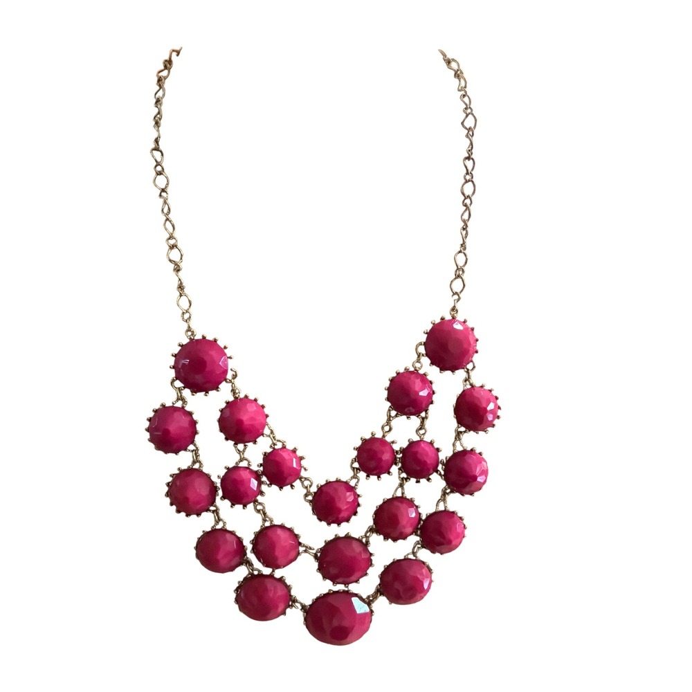 Fuchsia Pink Faceted Bib Statement Necklace Gold Tone Bold Glam‎